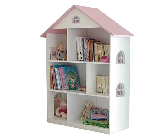 Liberty House Toys - Libreria in legno per casa delle bambole, in legno, bianco/rosa, 106,5 x 83 x 30 cm