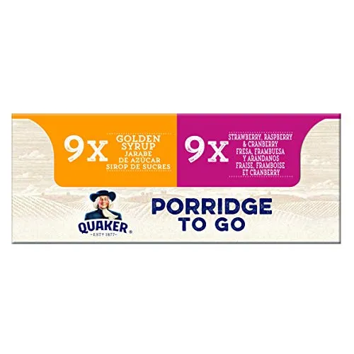 Quaker Porridge To Go - Bar colazione con sciroppo d'oro e fragola lampone e mirtillo rosso, 18 x 55 g