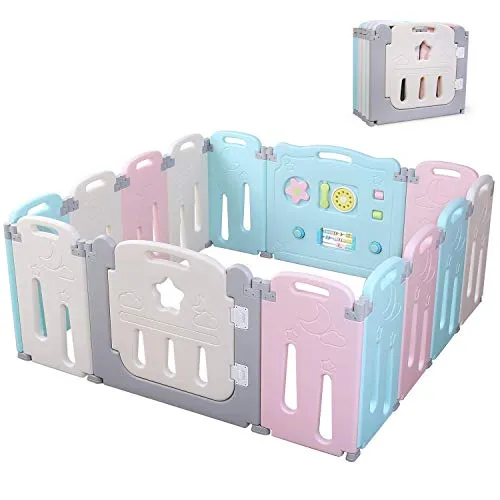 BAMNY Box Recinto per Bambini Barriera di Sicurezza Pieghevole con Porta Plastica Estensibile (rosa+blu+luna, 12+2)