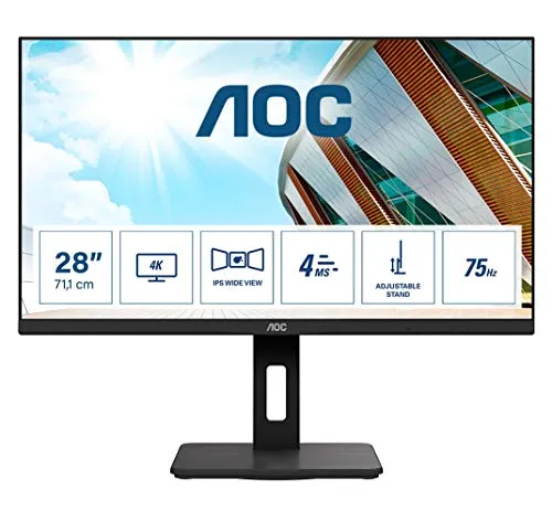 AOC U28P2A - Monitor UHD da 28", regolabile in altezza (3840 x 2160, 60 Hz, HDMI, DisplayPort, hub USB), colore: Nero