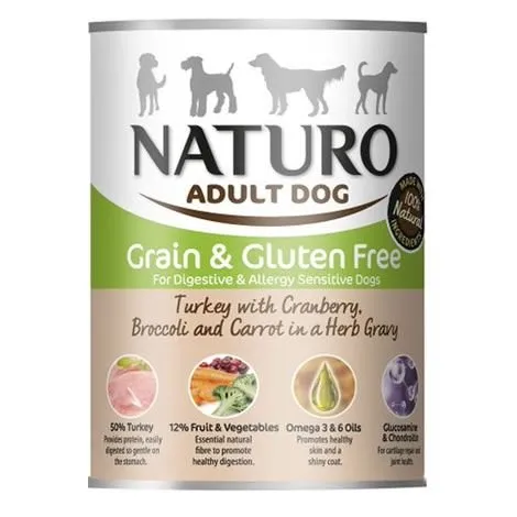Naturo - Cibo per Cani Adulti Grain & Glutem Free con Tacchino, Mirtilli Rossi, Broccoli e Carote in Salsa di Erbe - Pacco da 12 x 390gr - Totale 4680gr