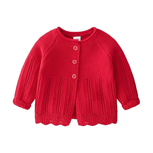 Cardigan da Ragazze Cotone Maglieria a Maniche Lunghe Bambina Maglione(Rosso,Dimensione Tag:90)