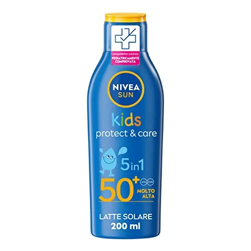 NIVEA SUN Crema Solare Kids Protect & Play FP50+ in flacone da 200 ml, Protezione solare per bambini resistente all'acqua, Crema corpo bambini