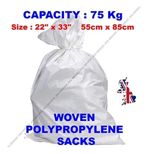 50 sacchetti in polipropilene con cuciture doppie, resistenti, colore: bianco Dimensioni: 55 cm x 85 cm, capacità: 75 kg circa (confezione da 50 sacchetti).