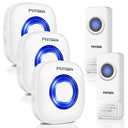 Campanello Senza Fili PHYSEN CW Campanelli Wireless Impermeabile,2 Trasmettitore e 3 ricevitori plug-in,funzionamento fino a 300m di gamma,4 livelli di volume regolabili,52 suonerie con Indicatore LED