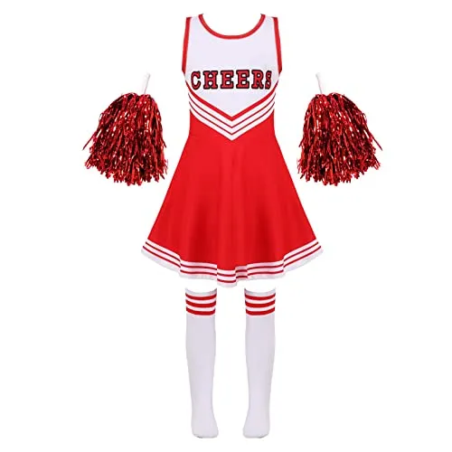 MSemis Costume da Cheer-Leader Bambina 3 Pezzi Vestito da Cheerleading + Calzini + Pom Pom Ragazza per Scuola Uniforme Cosplay Festa di Compleanno Costume Canevale Rosso 11-12 Anni