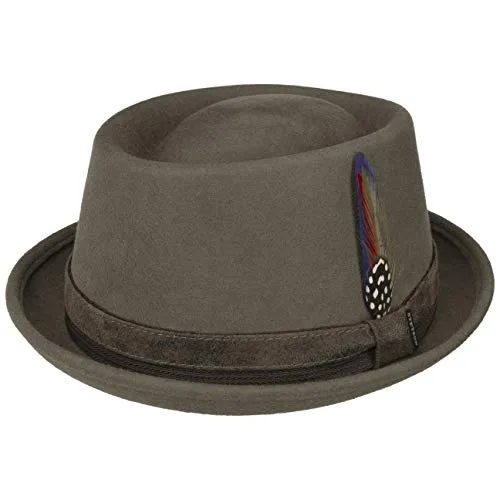 Stetson Cappello in Lana Burley Pork Pie Uomo - con Fascia Pelle Autunno/Inverno - L (58-59 cm) Kaki