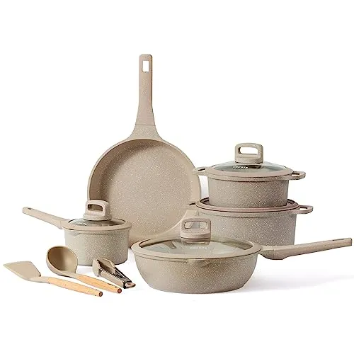 CAROTE Batteria di Pentole Antiaderenti 12 Pezzi,Padella 28cm,Pentole Casseruola 18cm,24cm,28cm con Coperchi, Wok 28cm,Set padelle induzione Per tutti i piani cottura