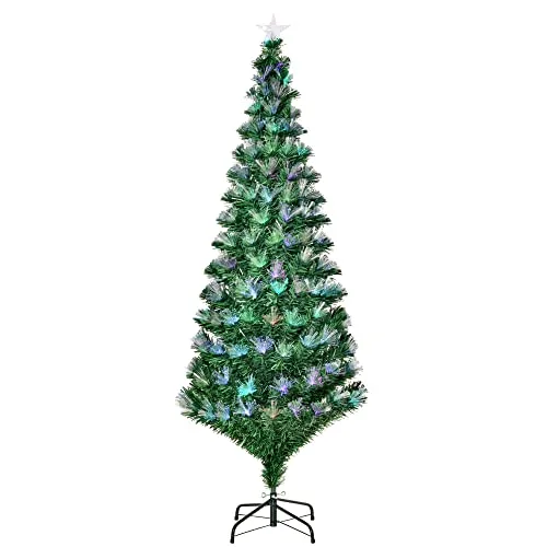 HOMCOM Albero di Natale 180cm con 230 Luci a LED e Fibre Ottiche Colorate, 230 Rami in PVC Ignifughi e Base in Metallo