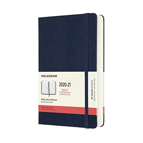 Moleskine - Agenda Giornaliera 18 Mesi, Agenda 2020/2021, Daily Planner con Copertina Rigida e Chiusura ad Elastico, Formato Large 13 x 21 cm, Colore Blu Zaffiro, 608 Pagine