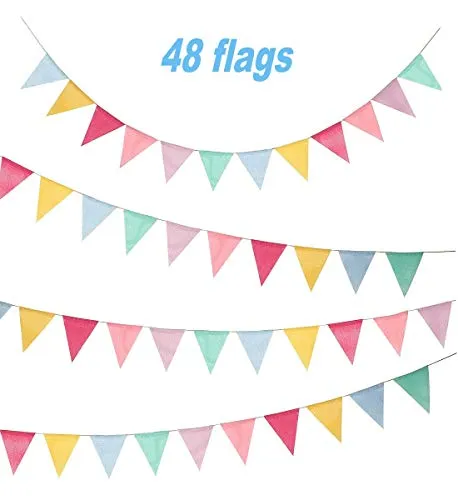 10m Bandierine, Bandiere in tessuto di tela da imballaggio con 48 pezzi Bandiere a triangolo Bandiere multicolore di banner per compleanno, matrimonio, casa, Baby Shower Decorazione del partito