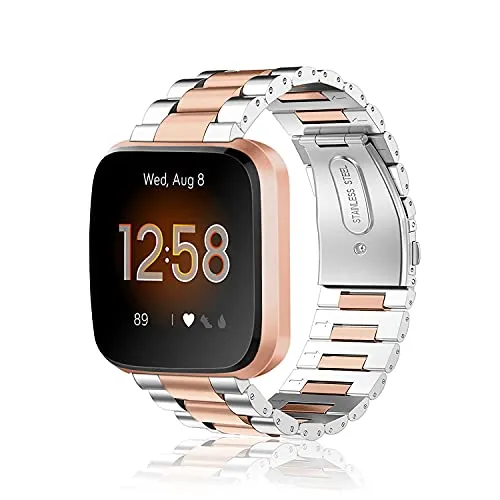 FINTIE Cinturino Compatible con Fitbit Versa 2 / Versa/Versa Lite Edition, Band di Ricambio dell'orologio Banda in Acciaio Inossidabile con Doppia Fibbia Pieghevole, Argento/Oro rosa