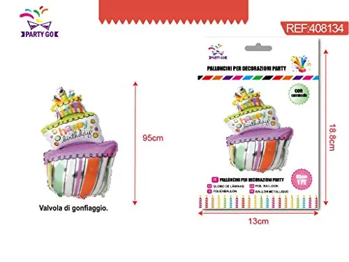 Partylandia- Palloncino Mylar Sagomato A Forma di Torta Compleanno Happy Birthday 90 cm, Multicolore, 408134