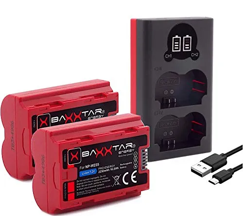 Baxxtar PRO - 2x Compatibile con la batteria Fujifilm NP-W235 (2250 mAh con Infochip) - Caricatore mini 18882 USB DUAL LCD - Fuji X-T4