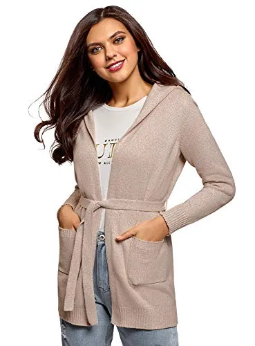 oodji Ultra Donna Cardigan in mélange con Cappuccio, Beige, IT 42 / EU 38 / S