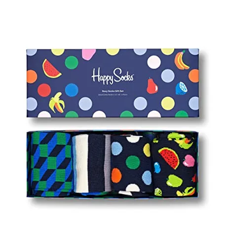 Happy Socks 4-Pack Navy Socks Gift Set, colorate e divertenti, Calzini per uomo e donna, Blu-Verde-Giallo 4 paia (41-46)