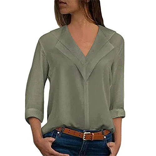 WY1688 Shirt Donna Camicia Donna Estate Donna Manica Lunga Tinta Unita Pulsante Casual Camicia Nuova Camicia Casual Sottile Sottile Scollo Av Profondo