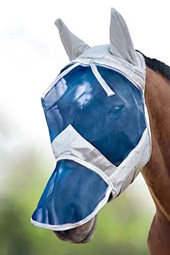 Harrison Howard CareMaster Maschera Anti-Mosche per Cavallo UV Protezione Pieno Volto Argento/Blu(L; Full Size)