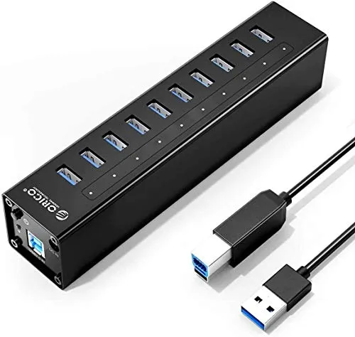 ORICO® Hub USB 3.0 Alimentato a 10 Porte con case Alluminio - Supporta Ricarica e Sincronizzazione (10 x 1,5 Amp ), Compatibile con PC Windows e Mac – Nero