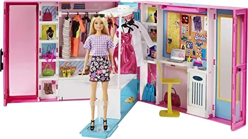 Barbie L'Armadio Dei Sogni - Con Bambola Barbie Bionda - Specchiera - Oltre 25 Vestiti e Accessori Barbie - 60 Cm - Regalo per Bambini dai 3+ Anni