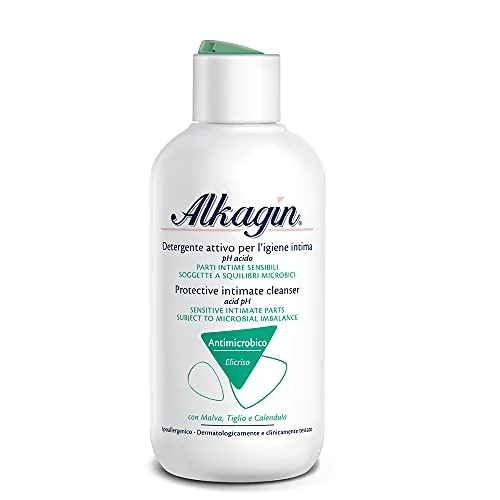 Alkagin Detergente Attivo per l'igiene intima con complesso antimicrobico a base di Malva, Tiglio e Calendula, pH acido, Formato 250ml