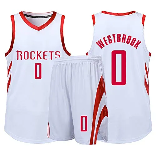 Houston Rockets # 0 Russell Westbrook Maglia da Basket ad Asciugatura Rapida, Senza Maniche, da Uomo, con Tuta in Rete, Top + Shorts da Basket, XS-XXXXXL Bianco XXL