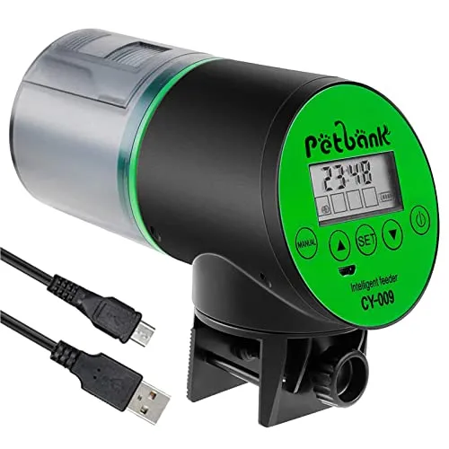 Petbank Mangiatoia Automatica Acquario - Timer Ricaricabile con Cavo di USB Charger, Mangiatoia Pesci con Display LCD, Dispenser Cibo Pesci Automatico,Verde