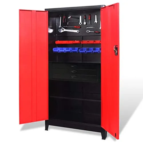 VidaXL - Armadio con cassetta degli attrezzi, con 3 ripiani regolabili, in acciaio, 90 x 40 x 180 cm, colore: Rosso/Nero