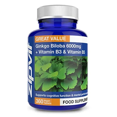 Ginkgo Biloba 6000 mg Estratto di foglie standardizzato, 360 Compresse Vegane con Vitamina B3 e B5. 24% di Glucosidi Flavonoidi e 6% di Terpenoidi. Fornitura per 12 mesi.