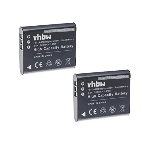 vhbw 2 x Batteria compatibile con Olympus Tough TG-6 camera camcorder Video sostituisce Li-90B, Li-92B (900mAh, 3.6V, Li-Ion)