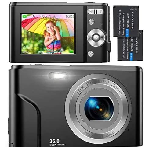 Fotocamera Digitali Compatte 1080P HD Macchina Fotografica, 36 MP Fotocamera Vlogging con Zoom Digitale 2.4" LCD Mini Video Fotocamer con 2 Batteria per Bambini, Adulti, Principianti