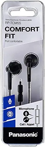 Panasonic RP-TCM55 Auricolari In-Ear Ergonomici, Driver da 14.3 mm, Bassi Potenti, Microfono in Linea, Compatibili con Smartphone, Cavo da 1.2 mt, Nero