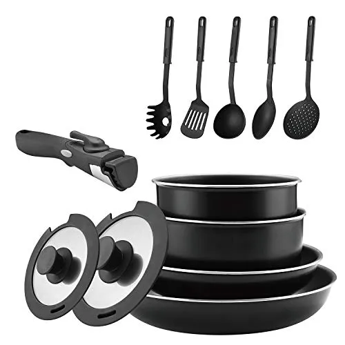 Abizoe - Set di pentole e pentole antiaderenti con manici rimovibili, salvaspazio, ideale per camper e cucina compatta (nero 3)