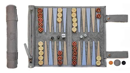 Melia Games Backgammon da viaggio - Lusso Backgammon in Pelle Nabuk - Fatto a Mano Legno Pedina - Colore: Grey