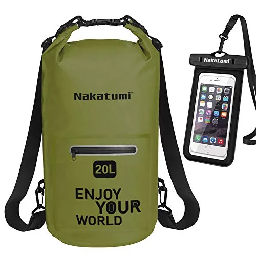 Discovery Adventures - Zaino Impermeabile con Tracolla Lunga Regolabile e Impermeabile IPX8, per Kayak, Nuoto, Campeggio, Canoa, Barca, Pesca, Rafting, Army Green Dry Bag+Phone Case, 20 l