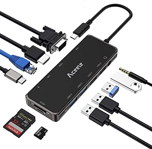 HUB USB C, Aceele 11-in-1 Adattatore USB-C con 4k HDMI e 1080P VGA, 4 Porte USB A, RJ45 gigabit Ethernet, Audio/Mic, USB C PD, SD e TF per Surface Go, MacBook Pro/Air, Dell, HP, Dispositivi USB C