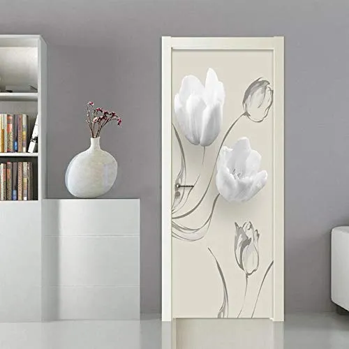 FCFLXJ Porta murale PVC Adesivo per porte Autoadesivo Fiore bianco vinile HD stampa Applique Porta a muro decorazione famiglia camera da letto Soggiorno la porta decorazione impermeabile 95X215CM