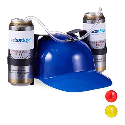 Relaxdays Set da 4 Cappelli Porta Birra, Elmetto con Cannuccia, per 2 Lattine, Gadget per Carnevale, Calcio, Feste, Blu