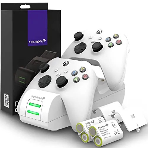 Fosmon DUAL 2 MAX Stazione di Ricarica Compatibile con Controller Xbox Series X/S (2020), Xbox One/One X/One S Elite, (Dual Slot) Caricabatteria e 2x 2200mAh Batteria Ricaricabile