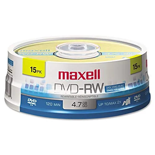 Maxell (R) 635117 4.7 GB 120-minute DVD-RW (15-ct spindle) 5.50 pollici x 5.50 pollici x 1.75 pollici.