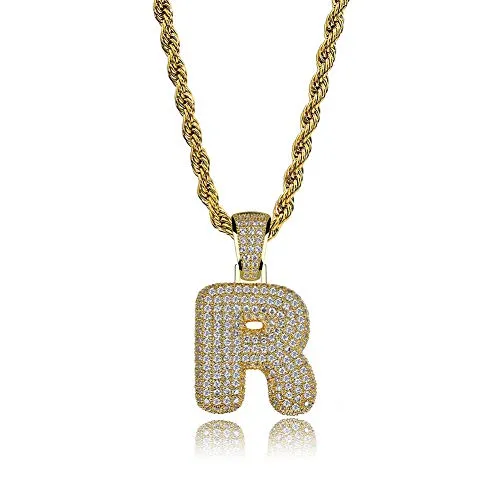 RXISHOP Collana con ciondolo alfabeto inglese 26 hip-hop, accessori per ciondolo con collana di zirconi intarsiati di rame (oro, argento, oro rosa)-gold-R