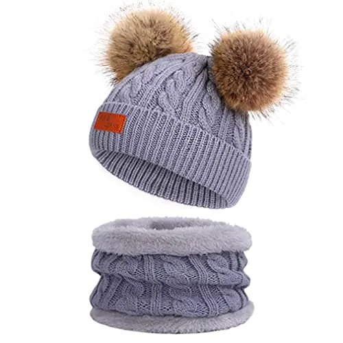 Cozyan Bambino Cappello Inverno Cappello A Maglia Bimbo Neonata Cappellino con Sciarpa Set 2Pcs Cappelli Bambina Ragazzo Sciarpa Lana con Doppio Pom Pom Morbido (Grigio)