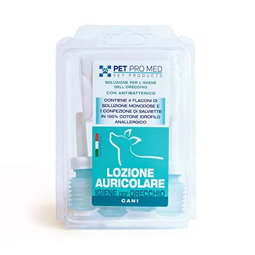 Virosac PetProMed - Lozione auricolare antibatterica ideale per l'igiene delle orecchie del cane - 4 flaconcini da 8 ml e una confezione di salviette