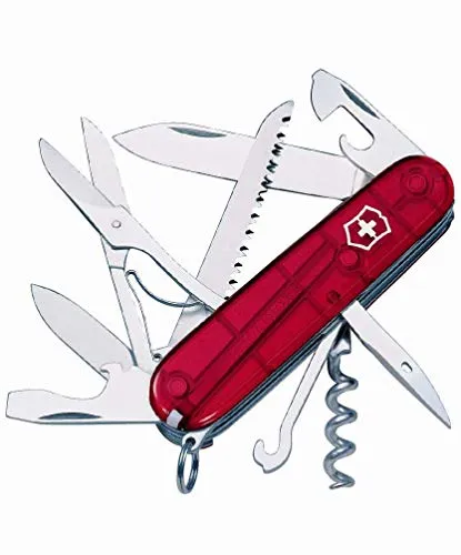 Victorinox, Huntsman, coltellino svizzero (15 funzioni, lama grande, cavatappi, forbici) rosso trasparente