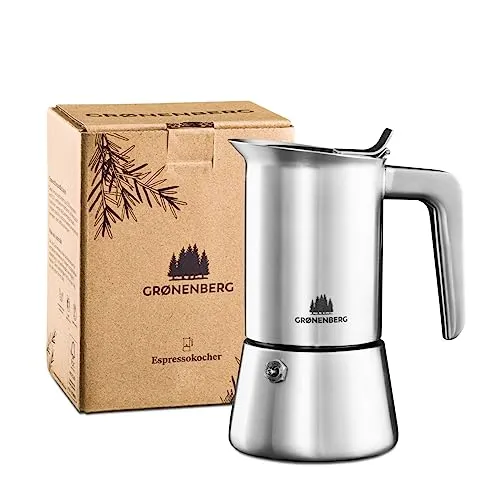 Groenenberg Moka induzione 4 Tazze (200 ml) | Caffettiera Espresso Maker (Acciaio Inox) | Caffettiera Espresso Manuale incl. Guarnizione di Ricambio & Guida Step-by-Step | Senza Alluminio