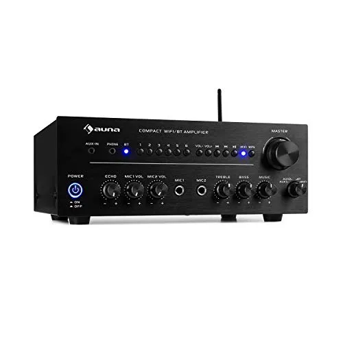 AUNA Intelligence Amp - Amplificatore Stereo , 2x40 W , Amplificatore Wi-Fi e Bluetooth , Controllo App , Funzione Multiroom , Spotify,TuneIn,TIDAL,Napster,iHeartRadio e altro , 2 Ingressi AUX , Nero