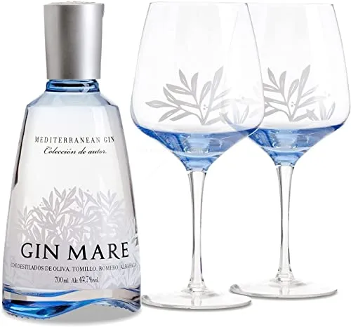 Gin Mare Mediterranean Gin - Double Pack Glass - 700 ml, 2 Bicchieri ballon di cristallo. Set perfetto per Gin & Tonic e cocktail