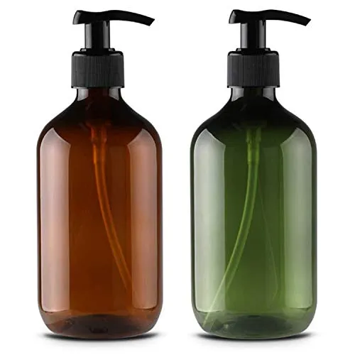 Alledomain, 2 flaconi vuoti da 500 ml, ricaricabili, in plastica, per lozioni, shampoo, crema, gel doccia, gel da toeletta, dispenser per liquidi (marrone e verde)