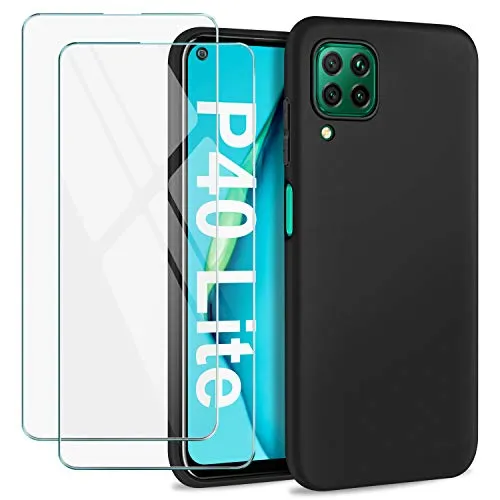 Gnews Cover per Huawei P40 Lite Custodia, [2 PCS] Pellicola Protettiva in Vetro Temperato + Case Morbida Silicone Sottile TPU per Huawei P40 Lite, Nero