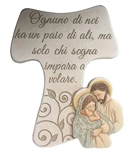 Regalami.Shop, Croce Tau con Sacra Famiglia cm.20, Realizzata in Marmo di Carrara ricomposto Effetto Pietra, Articolo Sacro e Religioso